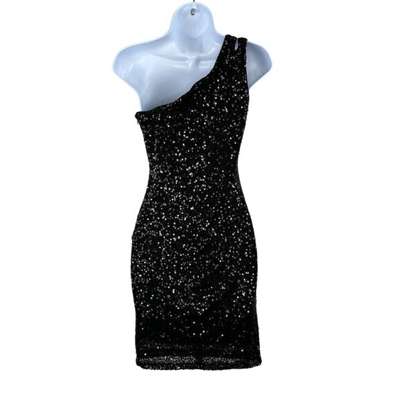 Teeze Me Black Sequins One Shoulder Cutout Mini Sheath Dress XS Junior 1/2 NWT - Picture 3 of 13